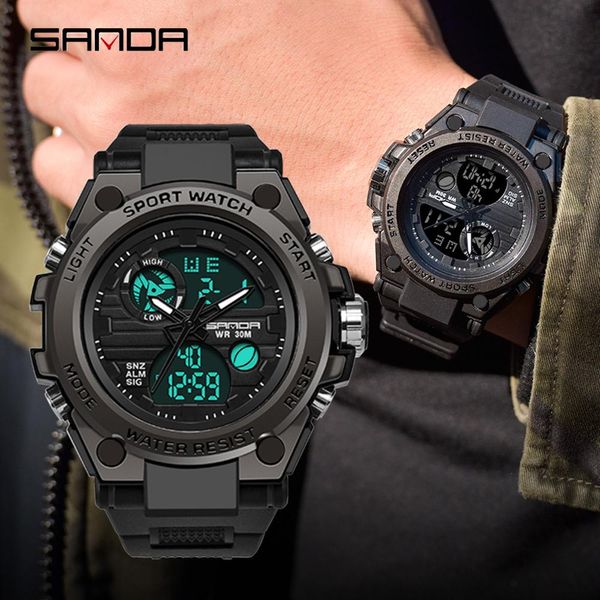 

sanda brand men sports watches dual display analog digital led electronic quartz wristwatches waterproof swimming watch, Slivery;brown