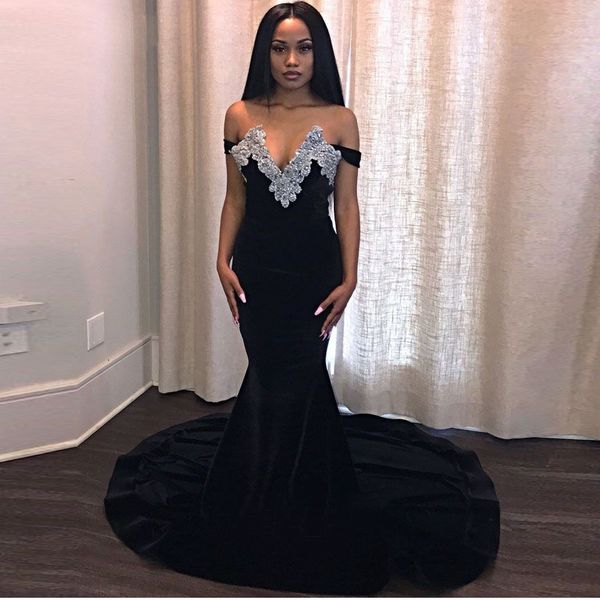 

black velvet mermaid evening dresses off the shoulder v neck sequined beading celebrity gown sweep train prom dress, Black;red
