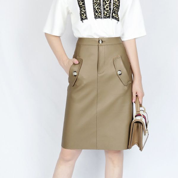 

2020 women spring genuine real sheep leather skirt e2, Black