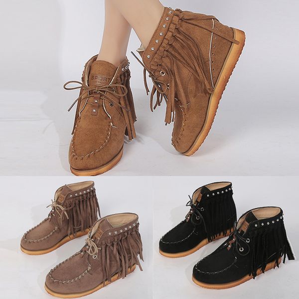 

fashion womens flock flats lace-up round toe shoes low-heeled fringe wedges boot, Black