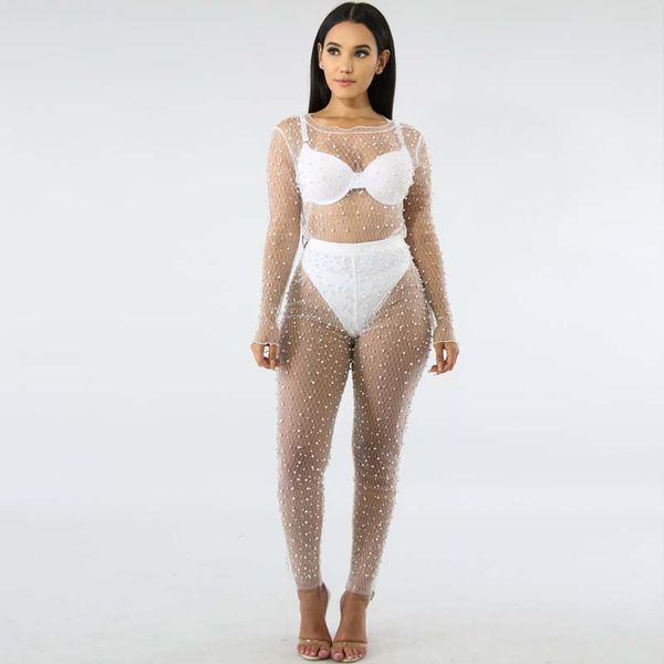 

new women mesh pearl beading two piece set summer outfits see through and high waist pants suit matching 2 piece set vnk8577, White