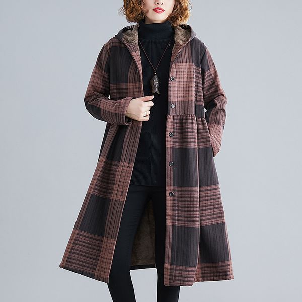 

2019 new winter fashion plaid pockets single breasted plush windbreaker loose comfortable women warm long thick coat, Black