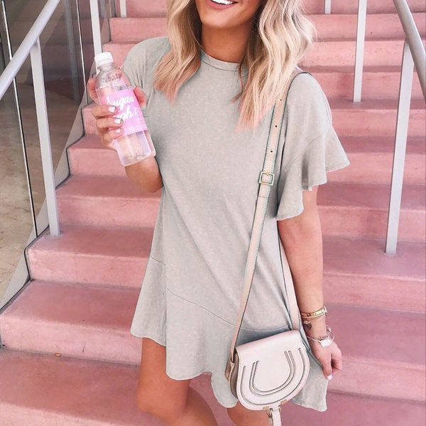 

women's summer new round neck ruffles short-sleeve tshirt dresses mujer 2020, Black;gray