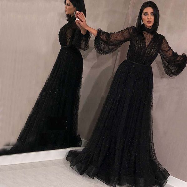 Elegante preto tamanho muçulmanos Vestidos 2020 mangas compridas Arábia Árabe Kaftan alta Neck Pérola Dubai Prom Dress Além disso,