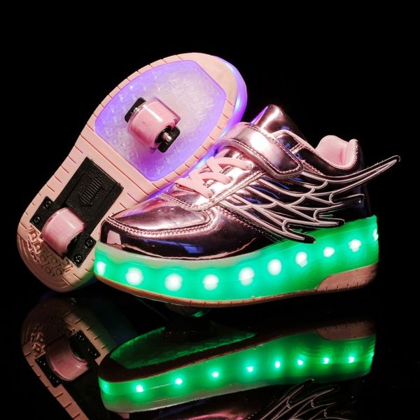 

two wheels luminous sneakers usb charging led light roller skate shoes for children kids shoes boys girls shoes light up heelys, Black