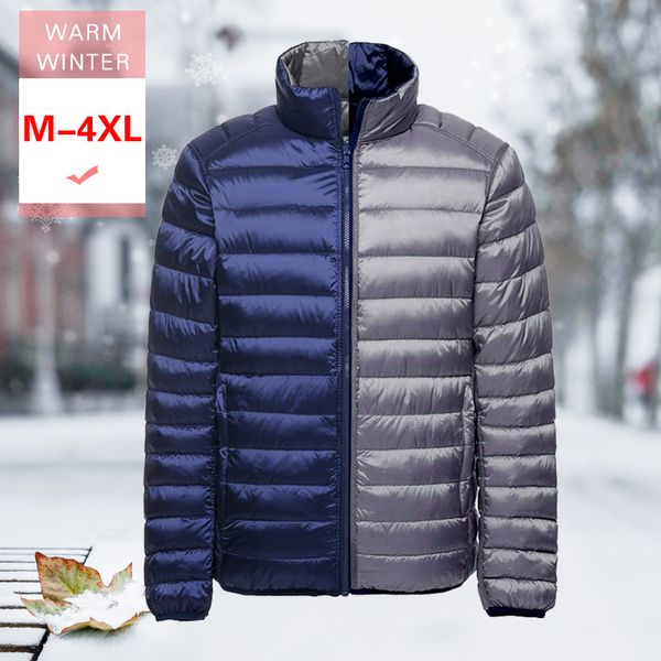 

m-4xl men white duck down reversible jacket new winter male ultra light both sides coat warm thin standing collar feather coat, Black;brown