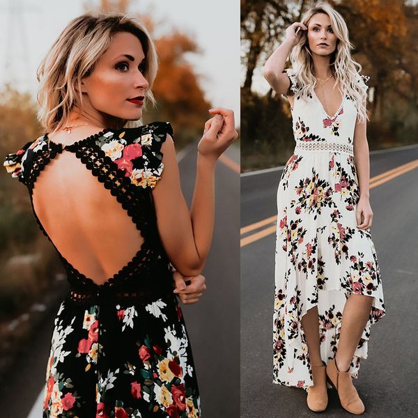 

2019 elegant dresses women deep v neck dress backless asymmertrical lace summer floral flower party dress, Black;gray