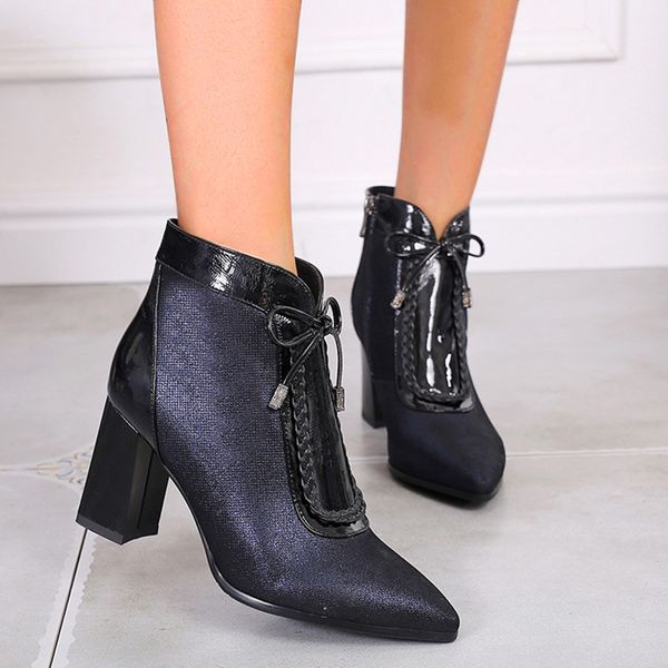 

elegant ladies office work boots shoes women's fashion pointed toe bow knot heels warm ankle boots pu leather party booties, Black
