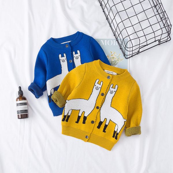 

2019 spring baby girls alpaca pattern knitted sweater coats kids long sleeve cardigan outerwear boys outfits children clothes, Blue