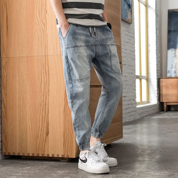 

men's jeans loose bib overall harem pants beam feet large size korean version fashion casual for students, Blue