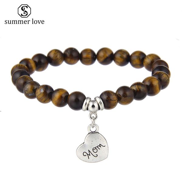 

new arrival 8mm tiger eye pink white opal agate beads bracelet for women men elastic natural stone mom heart charm bracelet, Black