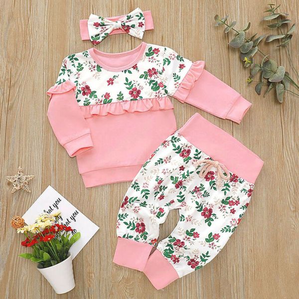 

baby kids girls clothes set 2019 toddler infant autumn long sleeve t-shirt floral pants headband clothing outfits 3pcs, White