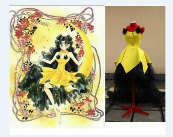 

sailor moon human luna yellow dress cosplay costume, Black;red