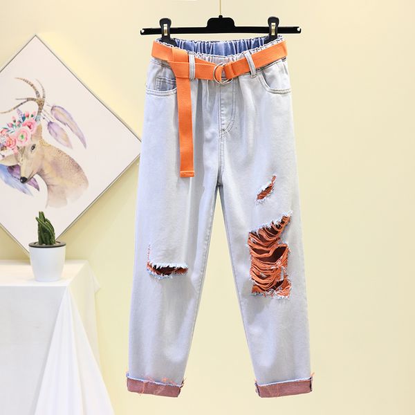 

2019 new summer coloured beggars jean women elastic waist hole denim pants fashion ladies'loose nine minutes hallen jeans femme, Blue