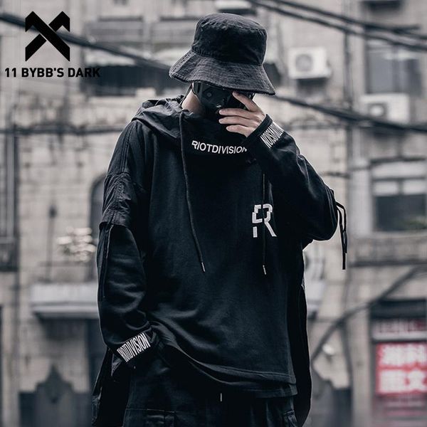 

11 bybb's dark hip hop patchwork loose hoodies men embroideried pullover 2020 fake two techwear hoodies darkwear streetwear, Black