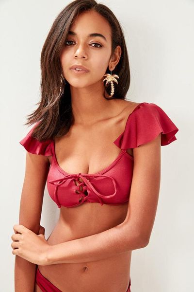 

trendyol burgundy carmen collar flounces bikini tbess18ch0055