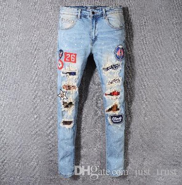 

mens jeans ripped distressed patch jeans famous popular embroidery beauty men straight cotton denim jeans large size, Blue