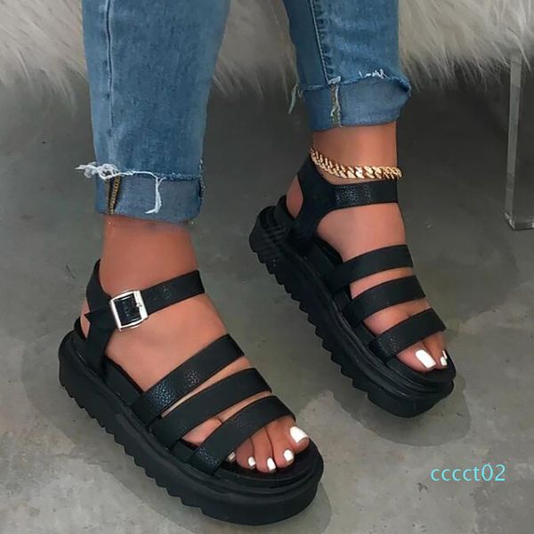 

new summer women sandals with open toe buckle and platform handmade fashion comfortable solid color wild plus size sandals ct2, Black