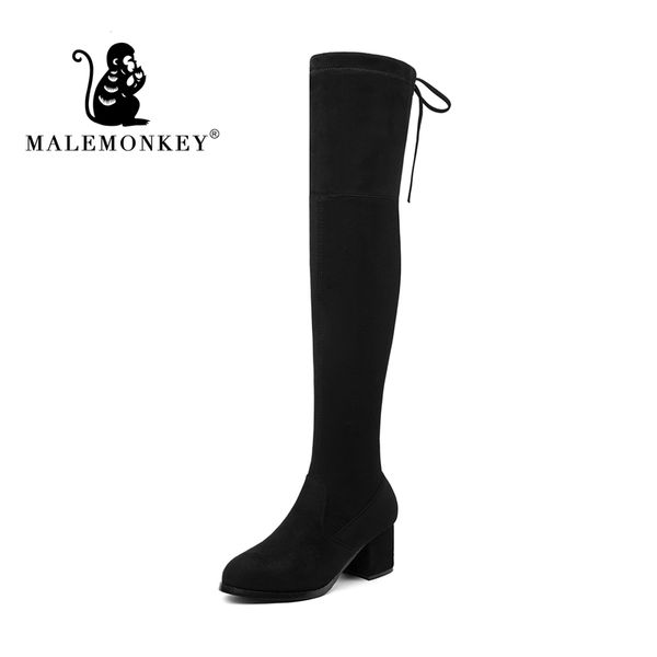 

2019 boots fashion suede leather shoes women over the knee heels boots stretch flock winter high, Black