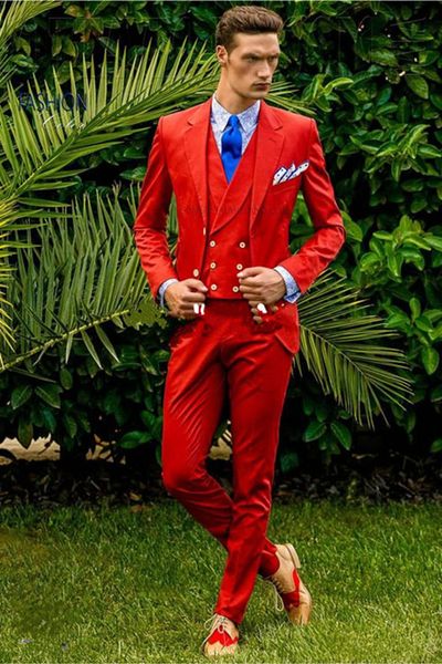 Neues, neuestes Design, zwei Knöpfe, roter Bräutigam-Smoking, Reverskragen, Trauzeugen-Anzug für Herren, Hochzeits-Blazer-Anzug (Jacke + Hose + Weste + Krawatte) 1177