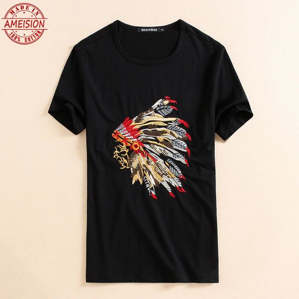 

american style embroidery pattern luxury short-sleeved t shirt summer 2019 high-quality cotton boutique t shirt men, White;black