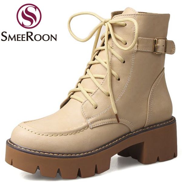 

smeeroon buckle ankle boots for women campus outdoors keep warm winter boots lace up med heels platform shoes, Black
