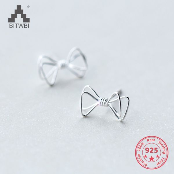 

factory price 100% 925 sterling silver fashion concise bowknot stud earring fine jewelry for female, Golden;silver