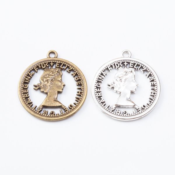 

50pcs 27*25mm vintage silver elizabeth regina charms antique bronze metal pendants for bracelet necklace earring diy jewelry, Bronze;silver
