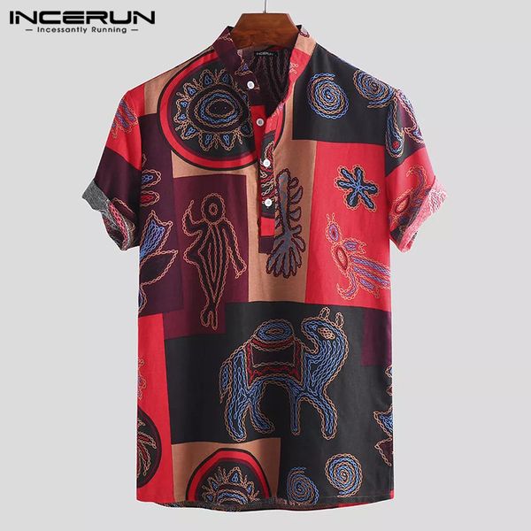 

incerun ethnic style print men shirt loose cotton stand collar short sleeve breathable retro men hawaiian shirts s-5xl 2019, White;black