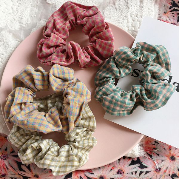 

korean new children simple cute sweet hair ties retro british lattice cotton thick rubber band for girl fashion hair accessories, Slivery;white