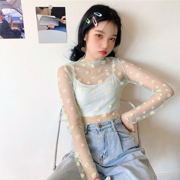 

elegant style little daisy mesh perspective t- women's long sleeve sunscreen blouse thin base t-shirt shirt fashion, White