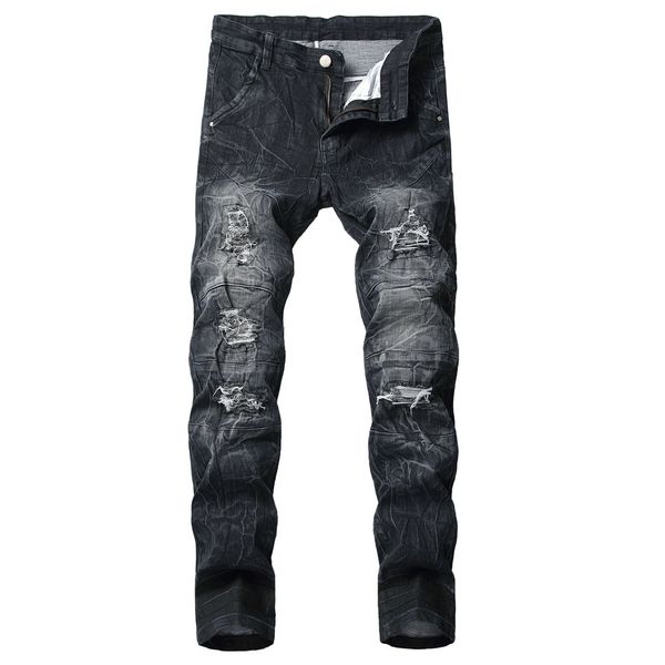 

men jeans stretch destroyed ripped paint point design fashion full length ripped jeans for men zipper skinny for, Blue