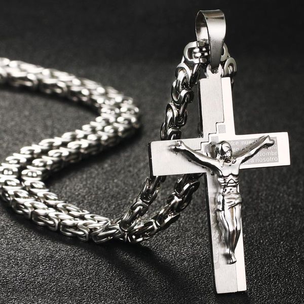 

stainless steel bible crucifix jesus cross pendant necklaces male gold color byzantine link chain necklace religious jewelry, Silver