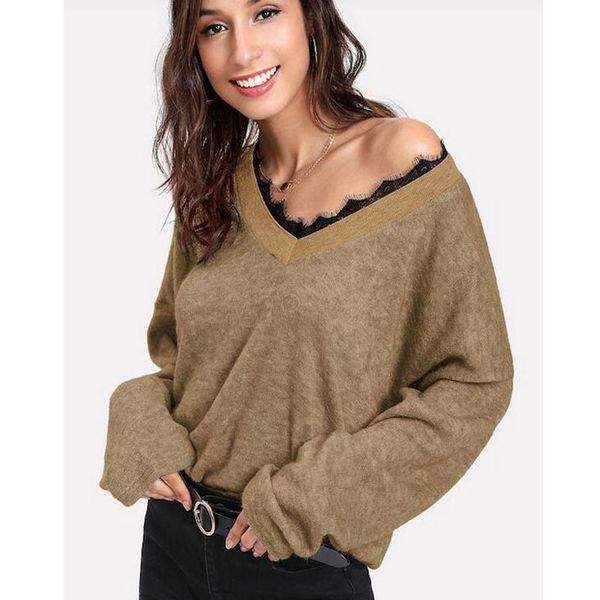 

fashion-women autumn knitted v-neck sweater pullover irregular long sleeve korean style sweaters lace winter casual loose ljja2976, White;black