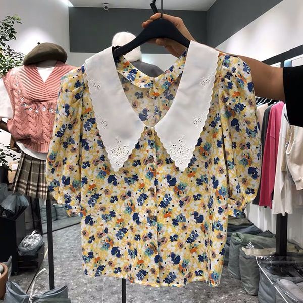 

women's blouses & shirts kymakutu 2021 hook flower puff sleeve women tunic kawaii fashion female shirt sweet wild womens blouse ladies, White