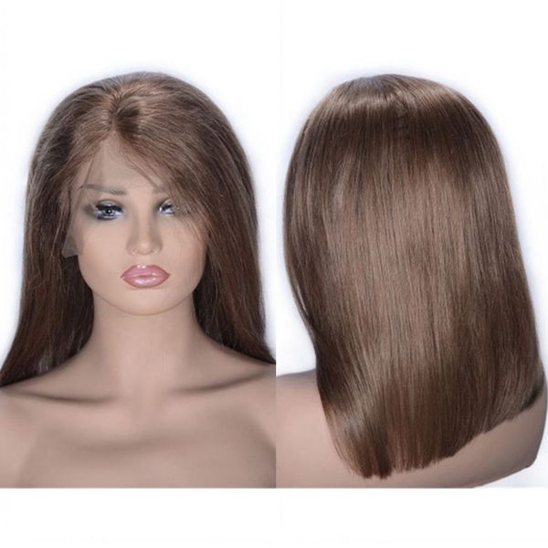 

straight lace front wig 6# mongolian hair full end part human hair bob wig for women, Black;brown