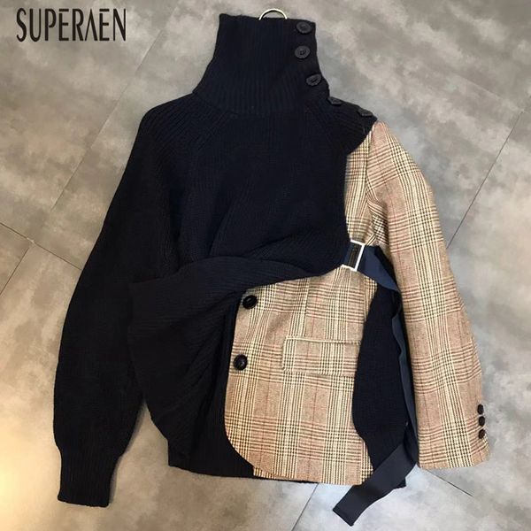 

superaen winter new pullovers sweaters women 2019 long-sleeved turtleneck ladies sweaters plaid fake two-piece female, White;black