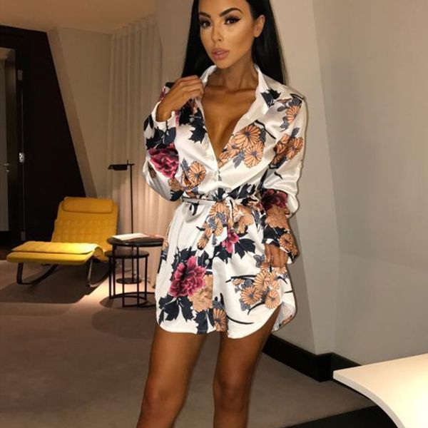 

summer women silk satin shirt dress ladies print floral long sleeve loose short mini dresses beach party dress, Black;gray
