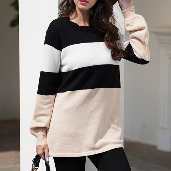 

women's sweaters spring autumn winter fashion sweater round neck striped knitted pullover sweter damski elegancki jumper, White;black