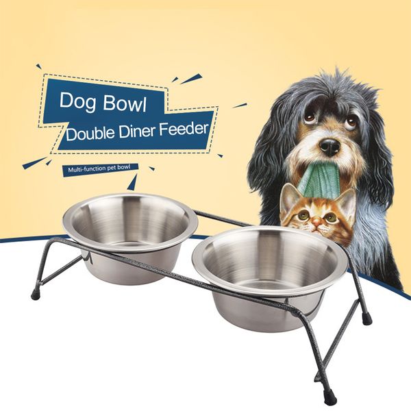 

cat with stand food water dog bowl non toxic easy clean double diner feeder stainless steel pet supplies raised anti slip