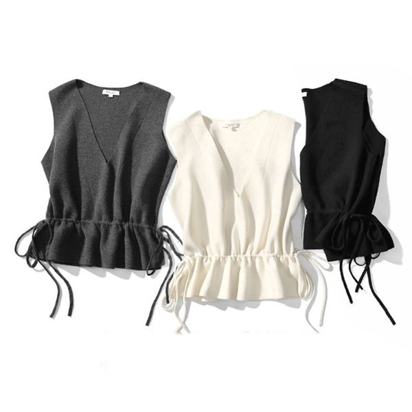 

осень кашемира женщин жилета v-образный вырез вязать жилет без рукавов короткого сплошного цвета зимы пальто женщин корейских мод дикого жил, Black;white