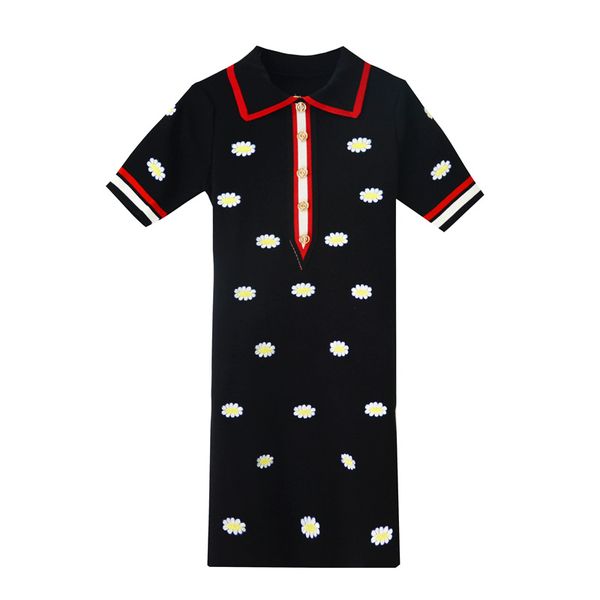 

woman designer luxury clothes womens lapel embroidery pattern short sleeve waist a-line skirt dress student dress 2020 new, Black;gray