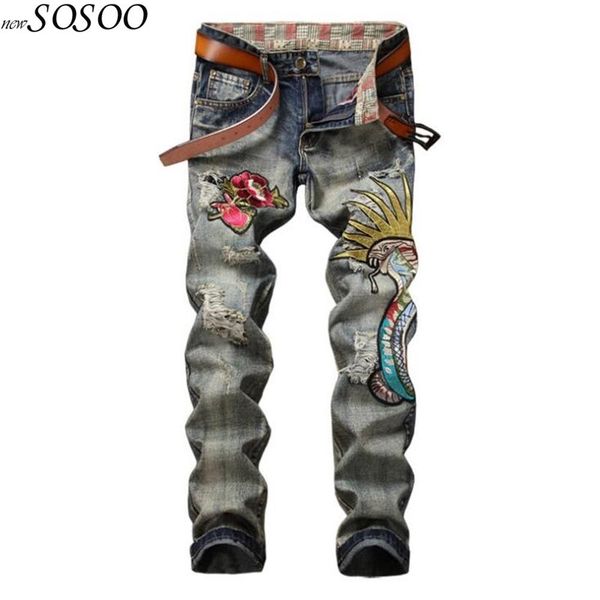 

new men's jeans flowers of embroidery knees holes jeans men straight fashion men pants size 29-38 #803, Blue