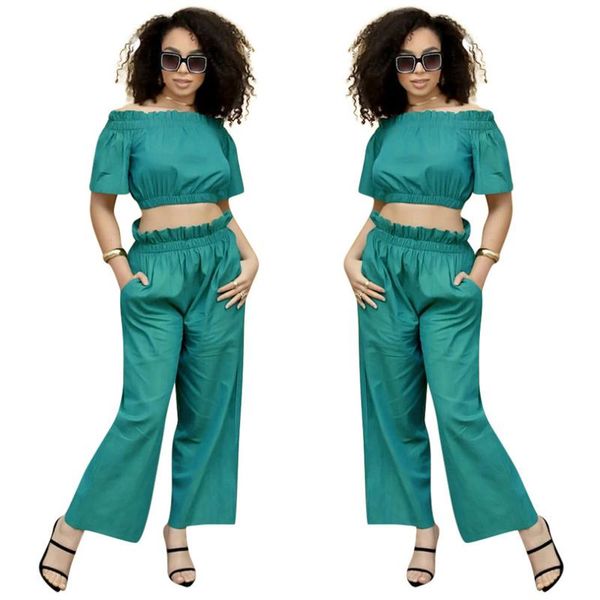 

2020 summer women short sleeve slash neck denim jeans crop and long pants set casual blue club 2 piece clothing set, White
