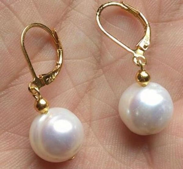

huge + 10-11mm perfect white freshwater pearl dangle earring, Golden;silver