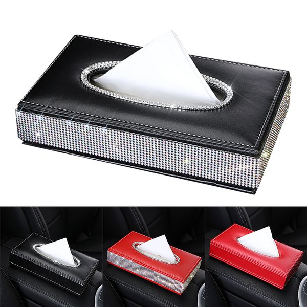 

2019 pu leather rhinstone tissue box center console car armrest glittering tissue box x66