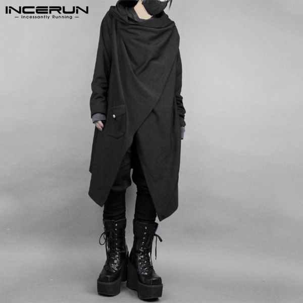 

incerun fashion men cloak cape punk style solid irregular outwear cotton long sleeve streetwear japanese style men trench coats, Tan;black