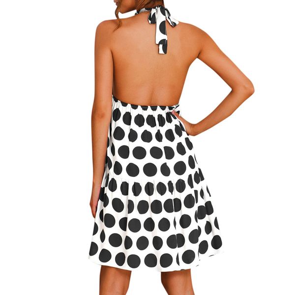 

summer dress women vintage dot print spotted belt party night sun dress beach boho dresses midi elegant backless sundress, Black;gray