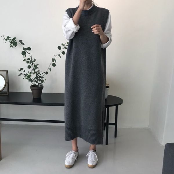 

sleeveless knit dress women solid color wild fashion casual ladies dress spring new 2020 round collar women clothing v625, Black;gray