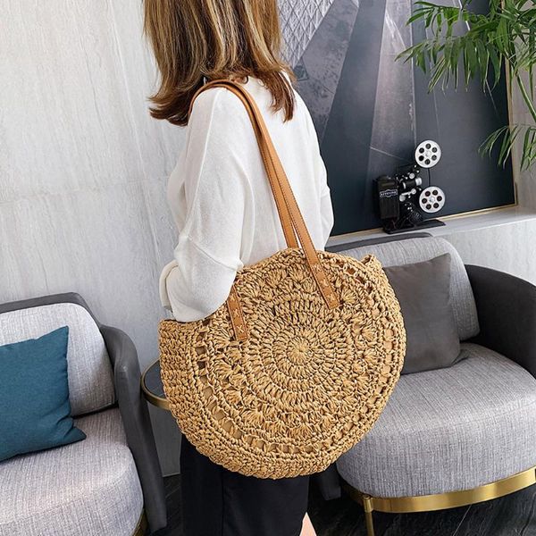 

round straw beach bag 2020 retro straw handbag vintage handmade woven shoulder bag woman summer bohemian circular bag@c03
